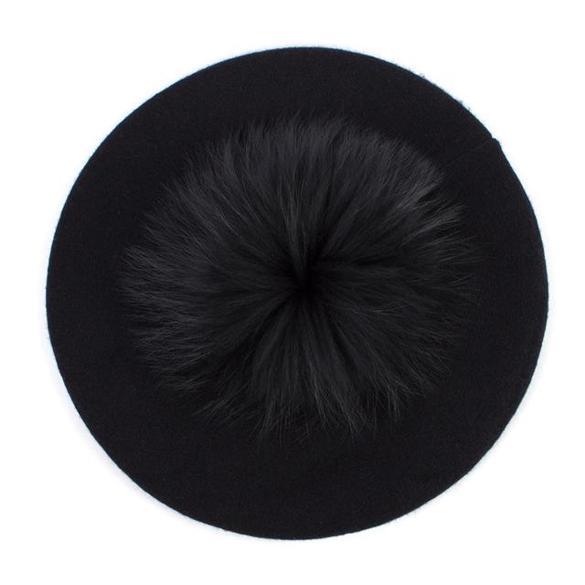 Paris-Chapeau béret Noir A Béret couleur unie pompon en fourrure