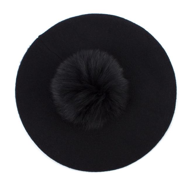 Paris-Chapeau béret Noir B Béret couleur unie pompon en fourrure