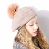 Paris-Chapeau béret Rose / 58cm Béret de laine avec pompon en fourrure d'autruche