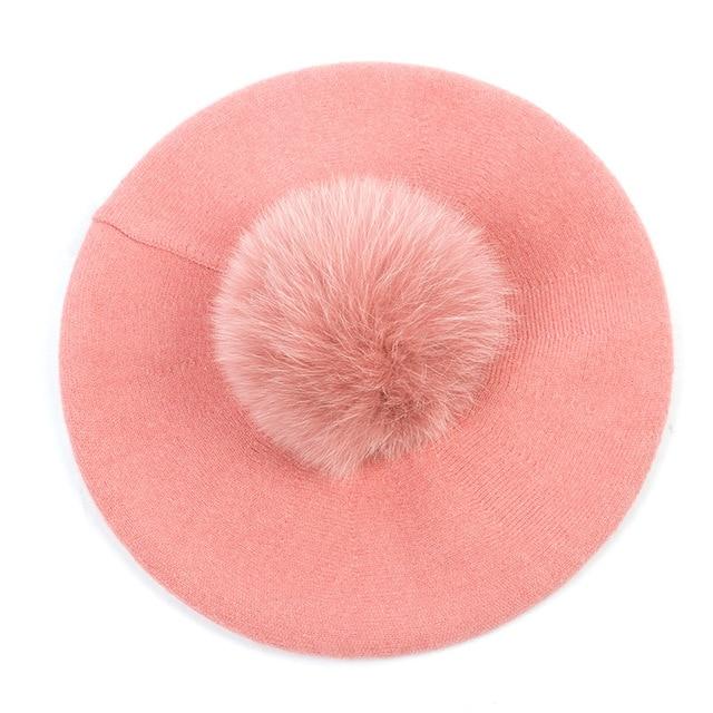 Paris-Chapeau béret Rose B Béret couleur unie pompon en fourrure