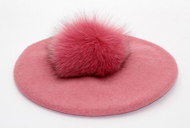 Paris-Chapeau béret Rose Béret en laine et son pompon en fourrure de renard