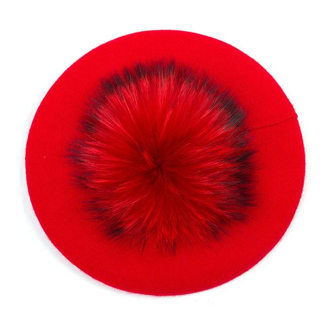 Paris-Chapeau béret Rouge A Béret couleur unie pompon en fourrure