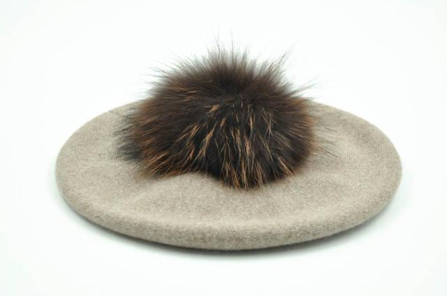 Paris-Chapeau bonnet Béret de Laine avec pompon en Véritable Fourrure