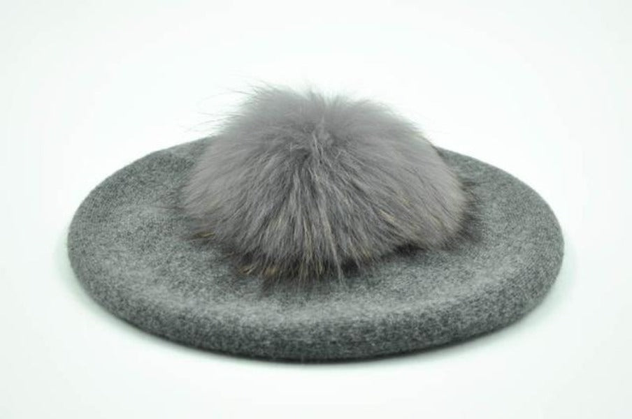 Paris-Chapeau bonnet Béret de Laine avec pompon en Véritable Fourrure