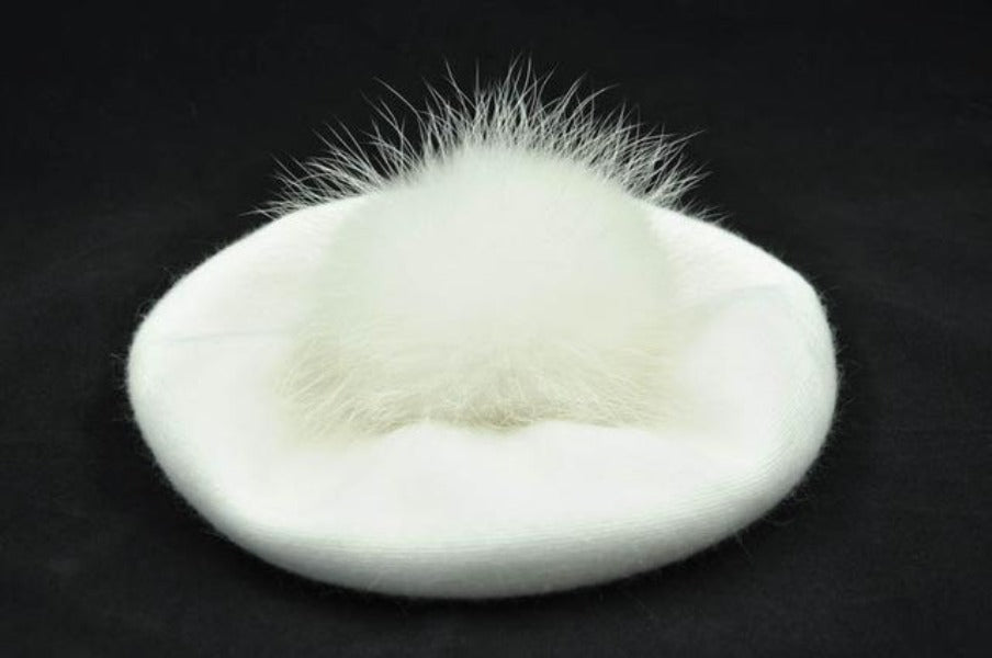 Paris-Chapeau bonnet Blanc Béret de Laine avec pompon en Véritable Fourrure