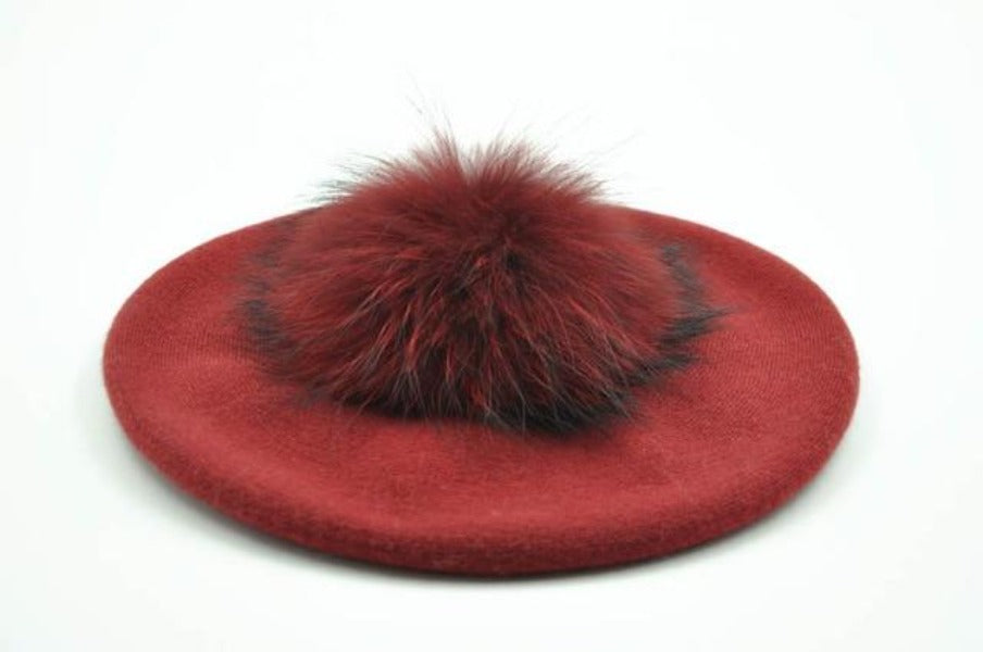 Paris-Chapeau bonnet Bordeaux Béret de Laine avec pompon en Véritable Fourrure