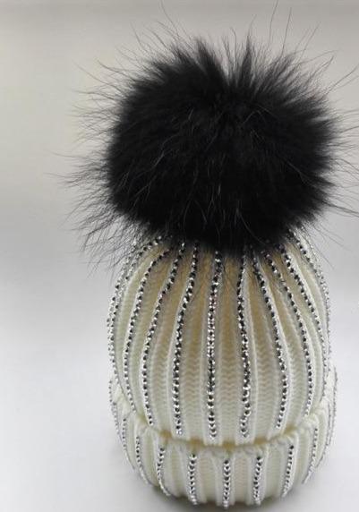 Paris-Chapeau bonnet & skullies blanc avec pom noir Bonnet  À La Main Rayé Strass