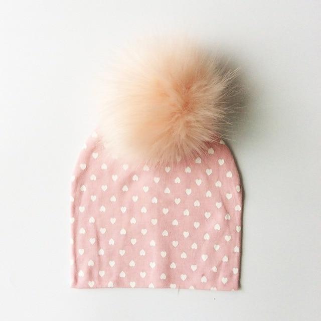 Paris-Chapeau bonnet & skullies pink heart Bonnet D'hiver Enfant pompon en Fourrure