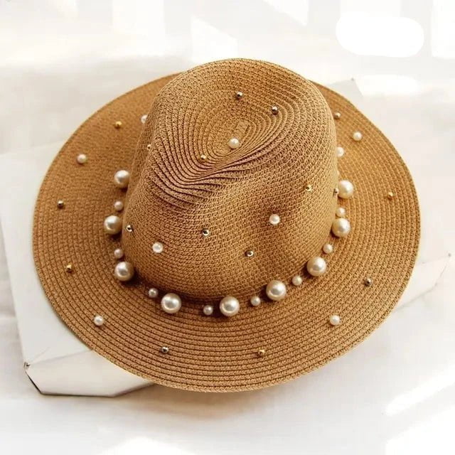 Paris-Chapeau chapeau de paille Khaki 2 / 56-58cm Chapeau en paille et perles