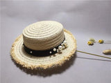 Paris-Chapeau chapeau en paille Beige / 55-58cm Chapeau de paille bandeau en cuir et perles